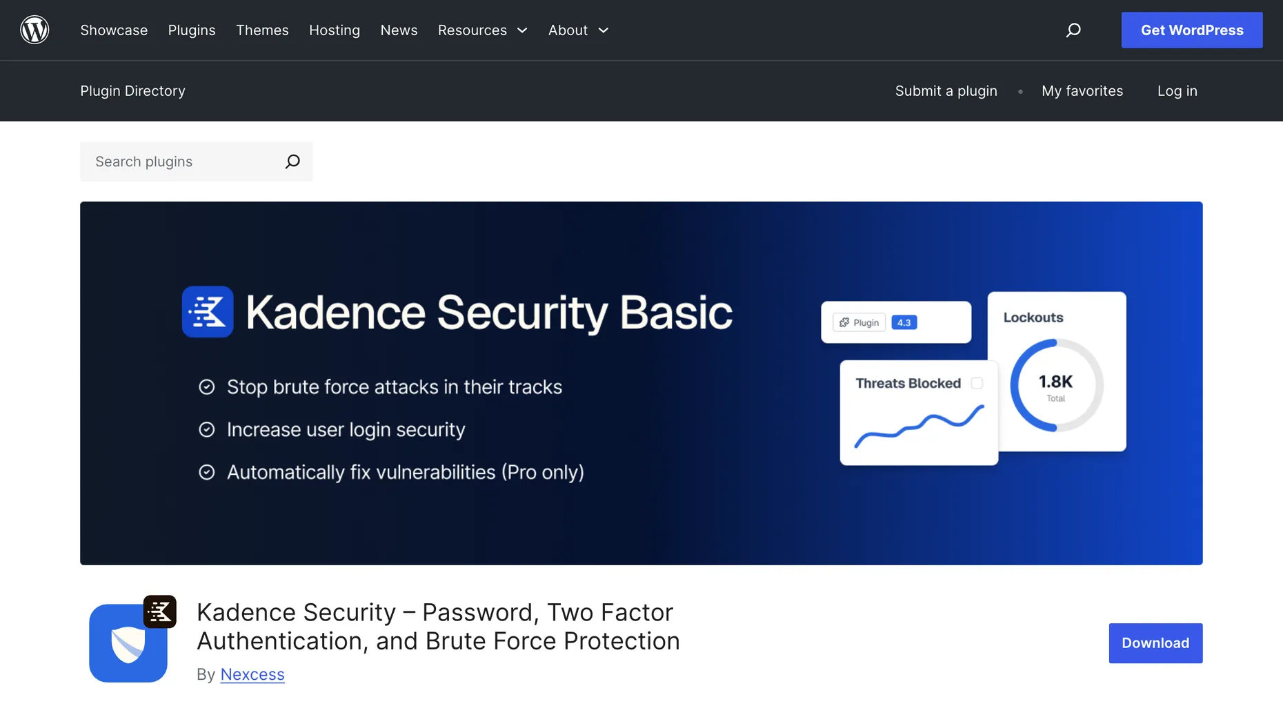 The Kadence Security plugin page on WordPress.org, formerly iThemes Security and Solid Security