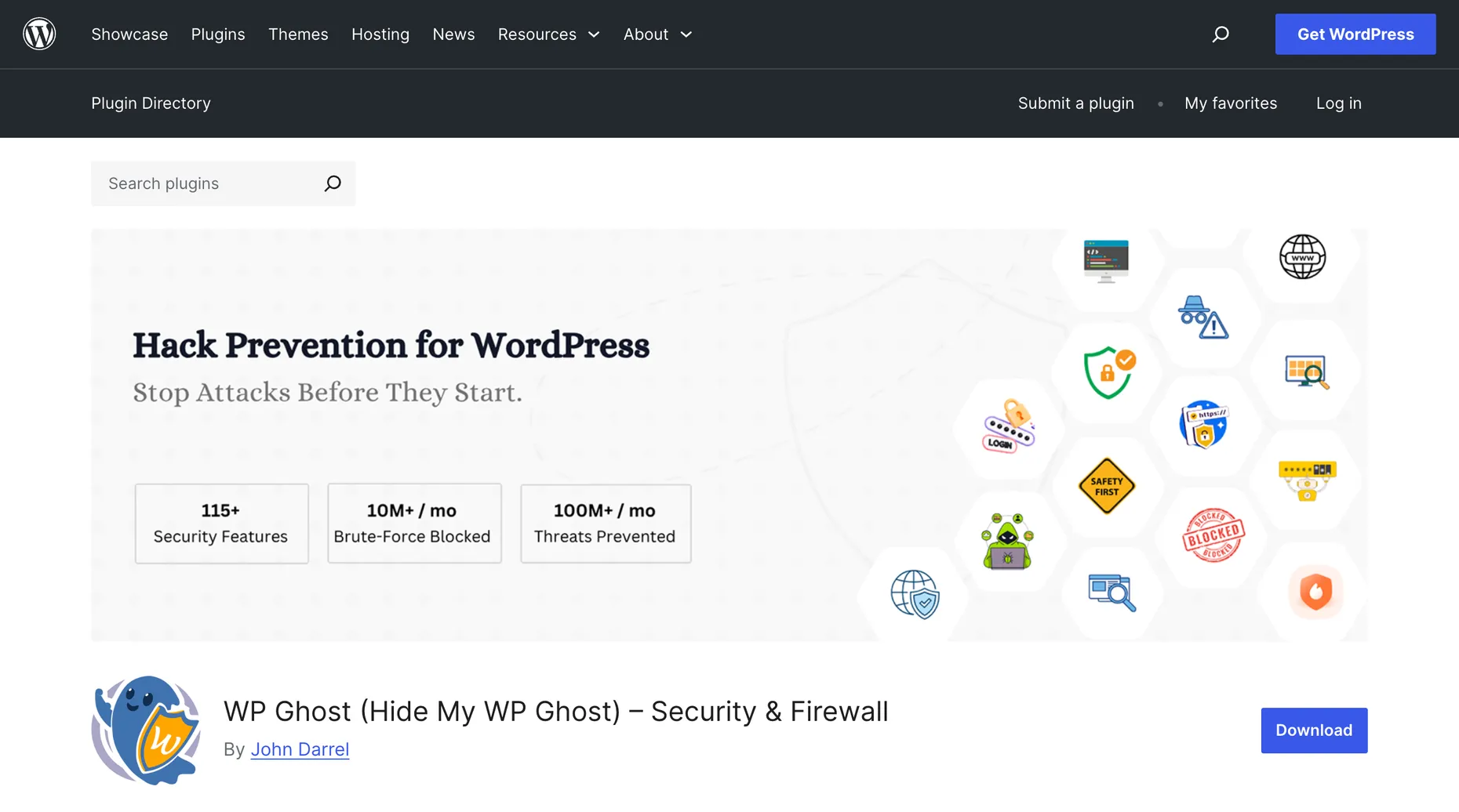 The WP Ghost (Hide My WP Ghost) plugin page on WordPress.org with the tagline Hack Prevention for WordPress
