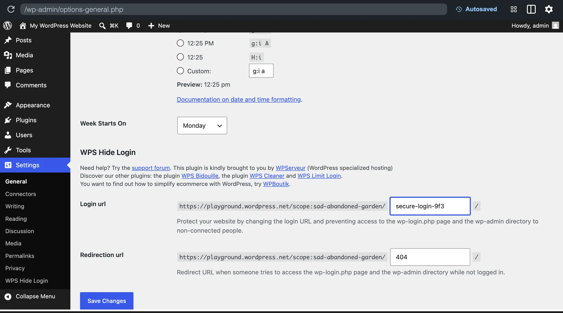 WordPress Settings General screen showing the WPS Hide Login fields with a custom Login url slug and a 404 redirection url