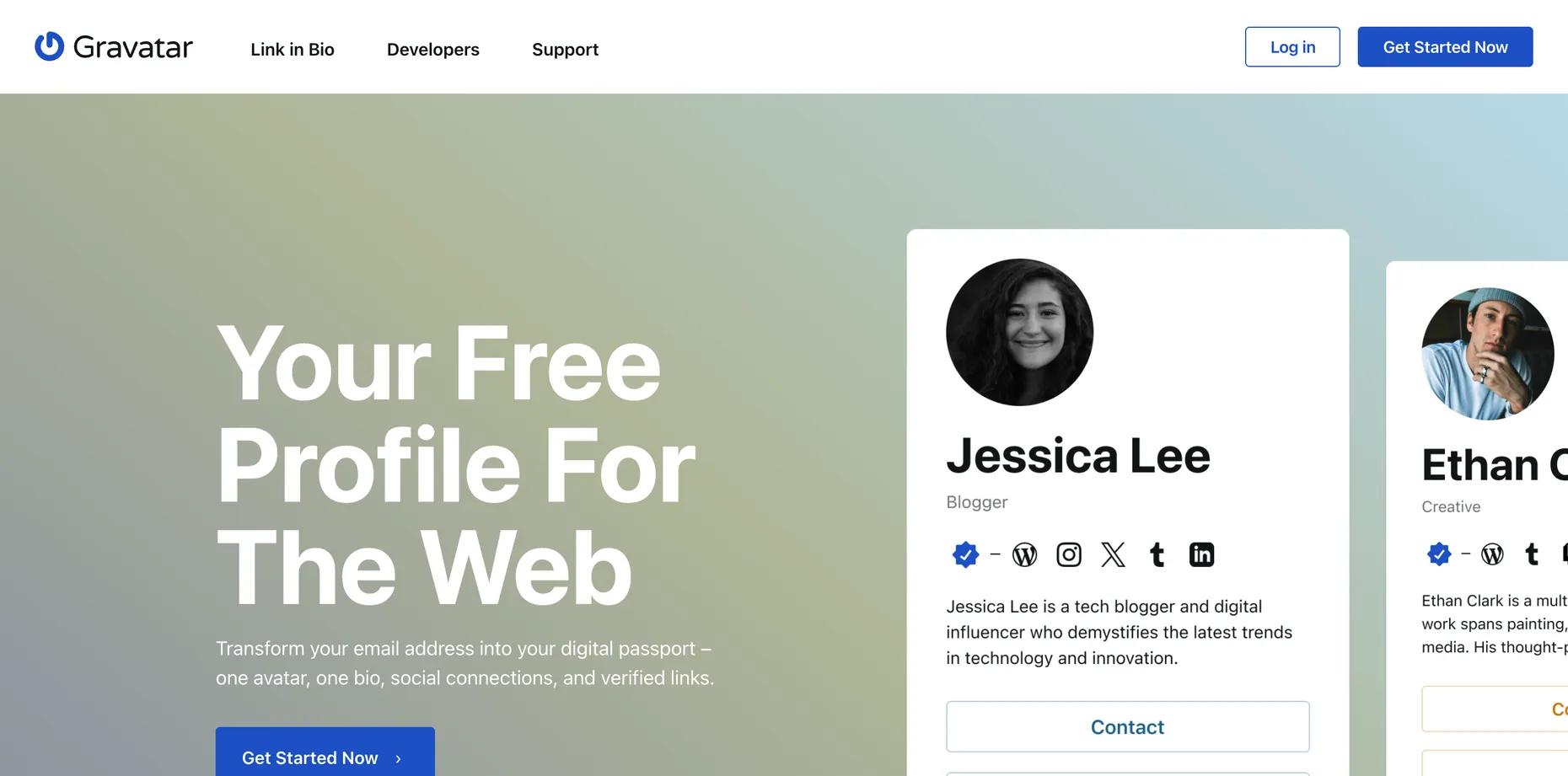 The Gravatar homepage with the headline Your Free Profile For The Web and example profile cards showing avatars, bios and linked social accounts