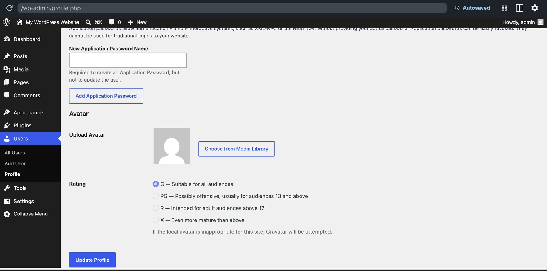 The WordPress profile screen after installing Simple Local Avatars, showing a new Avatar section with an Upload Avatar field, a Choose from Media Library button, and G, PG, R and X rating options