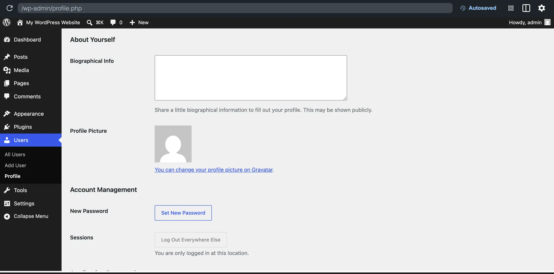 The WordPress admin Users Profile screen showing the Profile Picture row with a default grey avatar and a single link reading You can change your profile picture on Gravatar