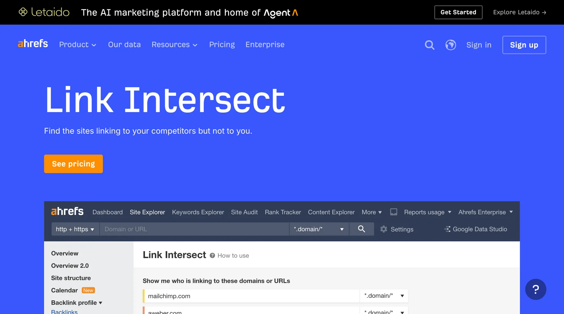 Ahrefs Link Intersect tool showing how to find sites linking to competitors but not to you