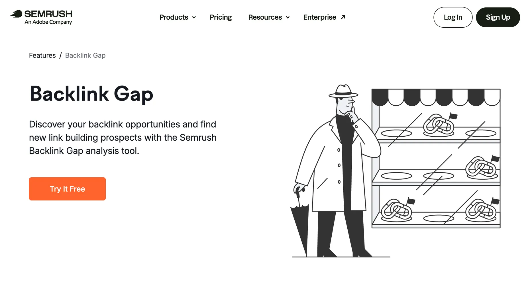 Semrush Backlink Gap tool page describing how to compare domains and find link building prospects