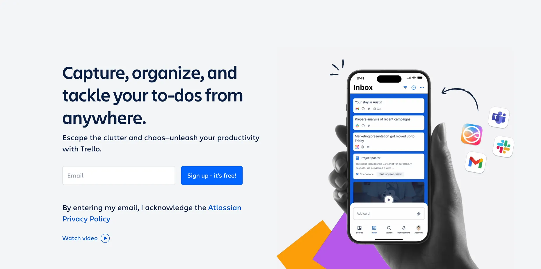 The Trello homepage, headline Capture, organize, and tackle your to-dos from anywhere, showing a board-style content workflow on a phone