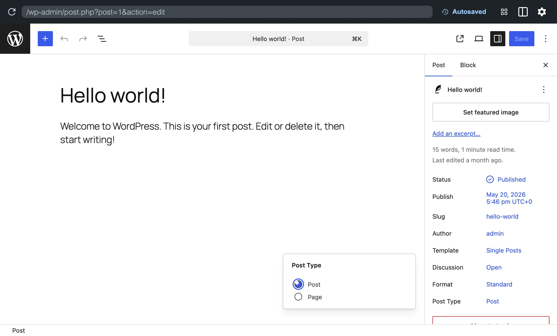 The WordPress block editor sidebar with the Post Type control open, showing Post selected and Page as the other option
