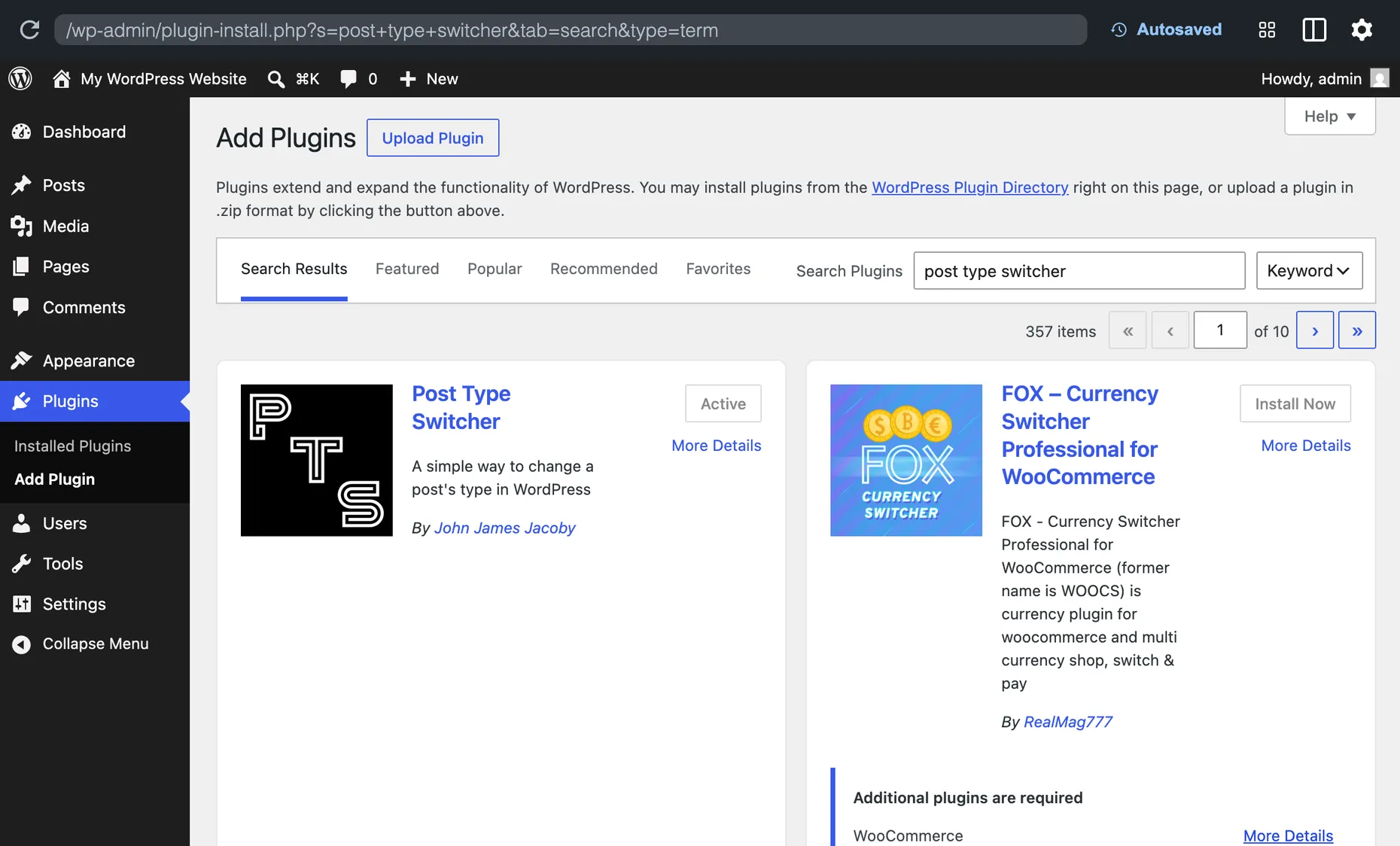 The WordPress Add Plugins screen with Post Type Switcher by John James Jacoby shown in the search results