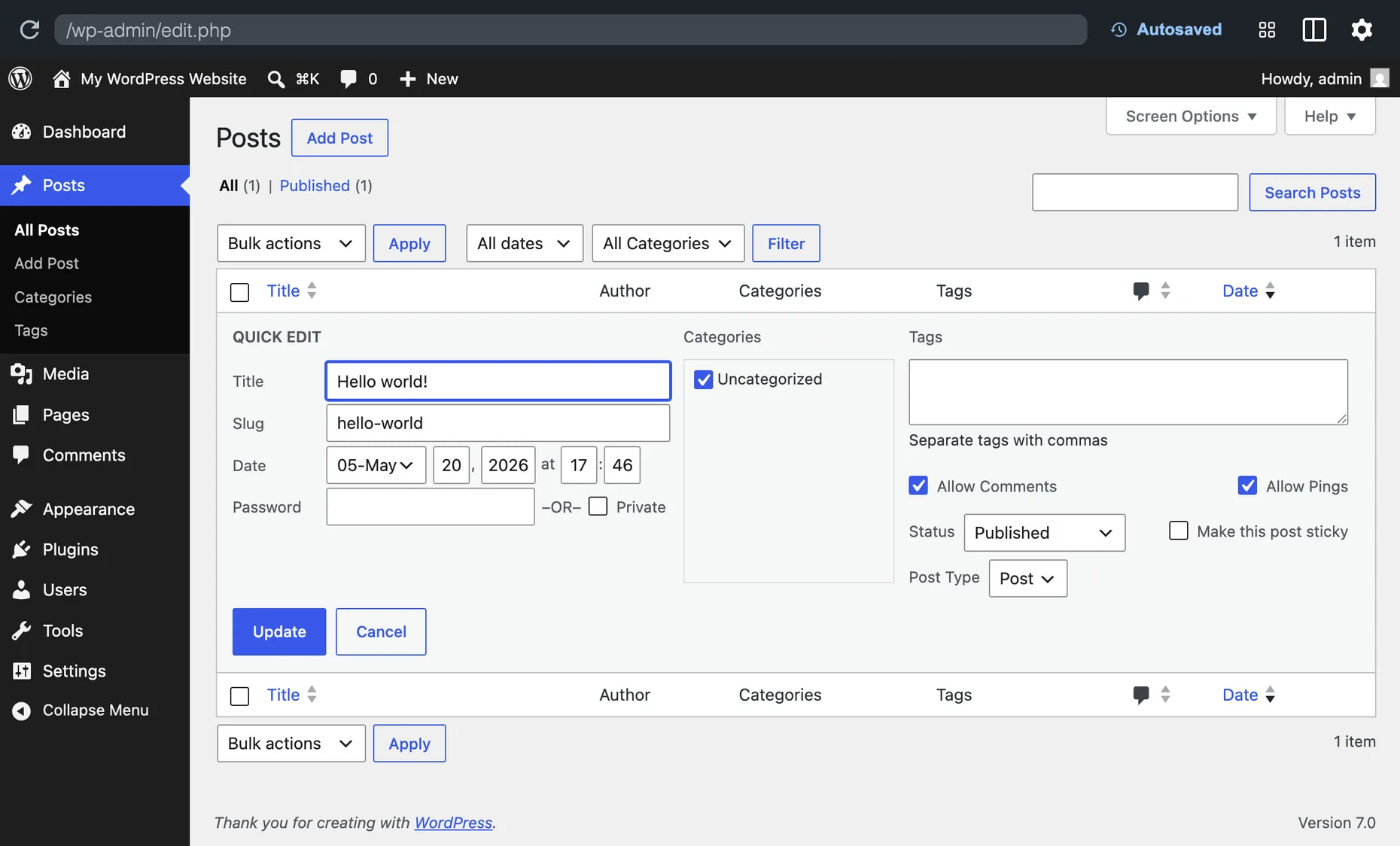 The WordPress Quick Edit panel for a post showing the Post Type dropdown set to Post, added by Post Type Switcher