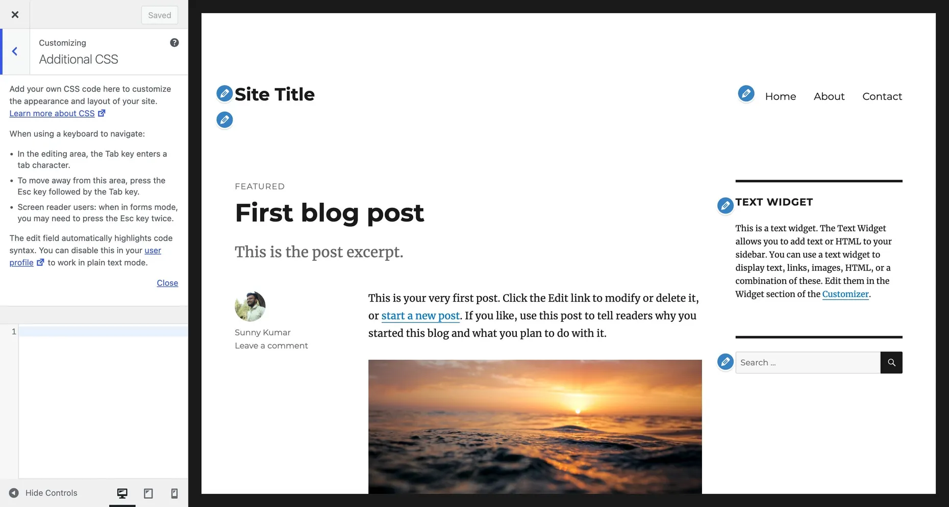 WordPress.com Additional CSS editor with a code input area and a live preview of the site