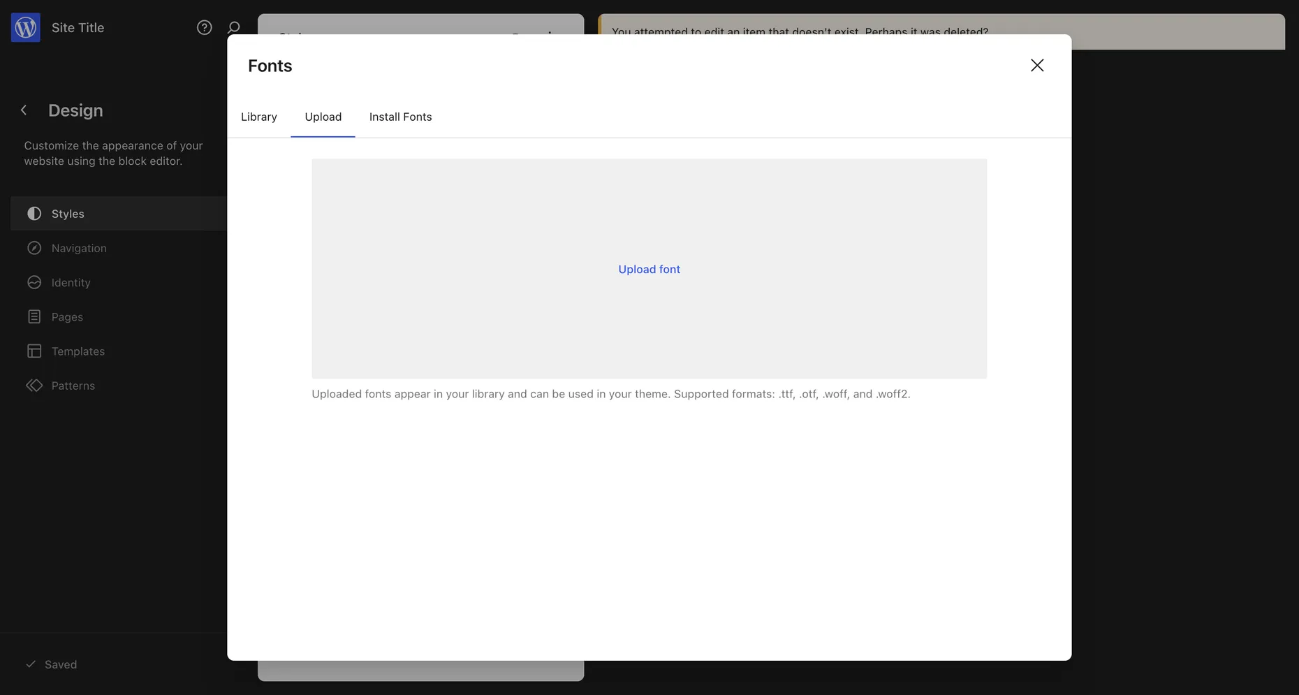 WordPress.com font upload dialog showing the Upload tab and supported formats ttf, otf, woff and woff2