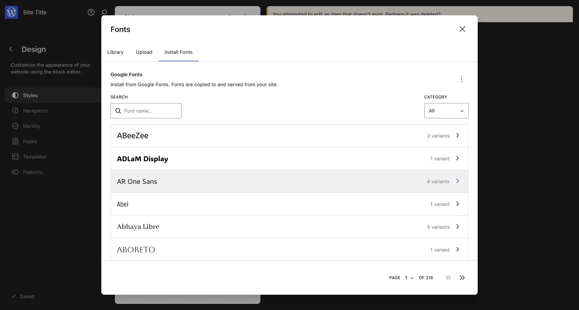WordPress.com Install Fonts tab showing the Google Fonts library with search, category filter and font list