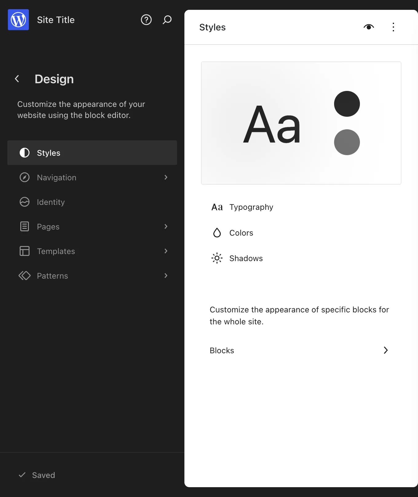 WordPress.com Site Editor Styles panel showing Typography, Colors, Shadows and Blocks sections
