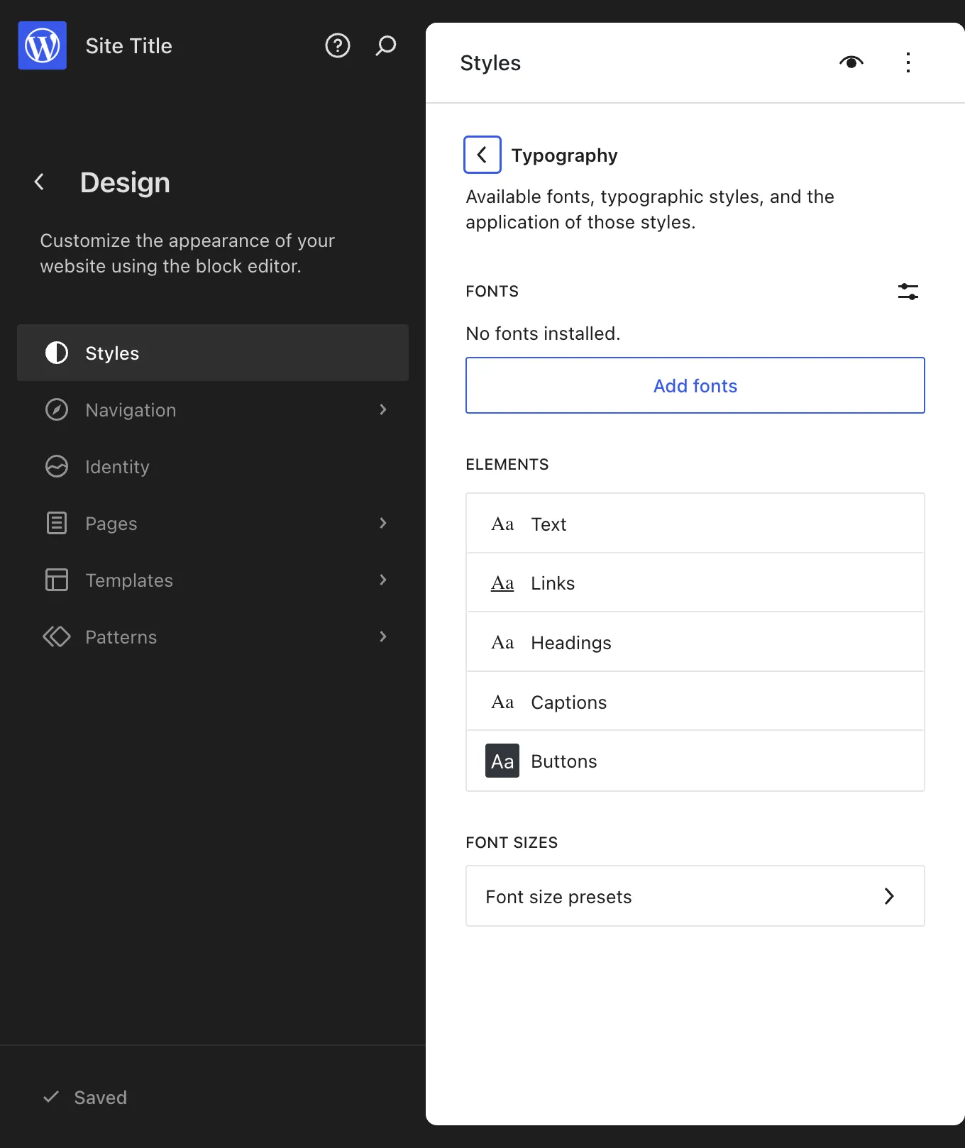 WordPress.com Typography panel showing Fonts, Elements (Text, Links, Headings, Captions, Buttons) and Font Sizes