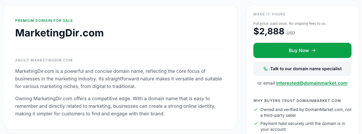 MarketingDir.com, a web directory that appears on directory submission lists, now showing a premium domain for sale page priced at $2,888