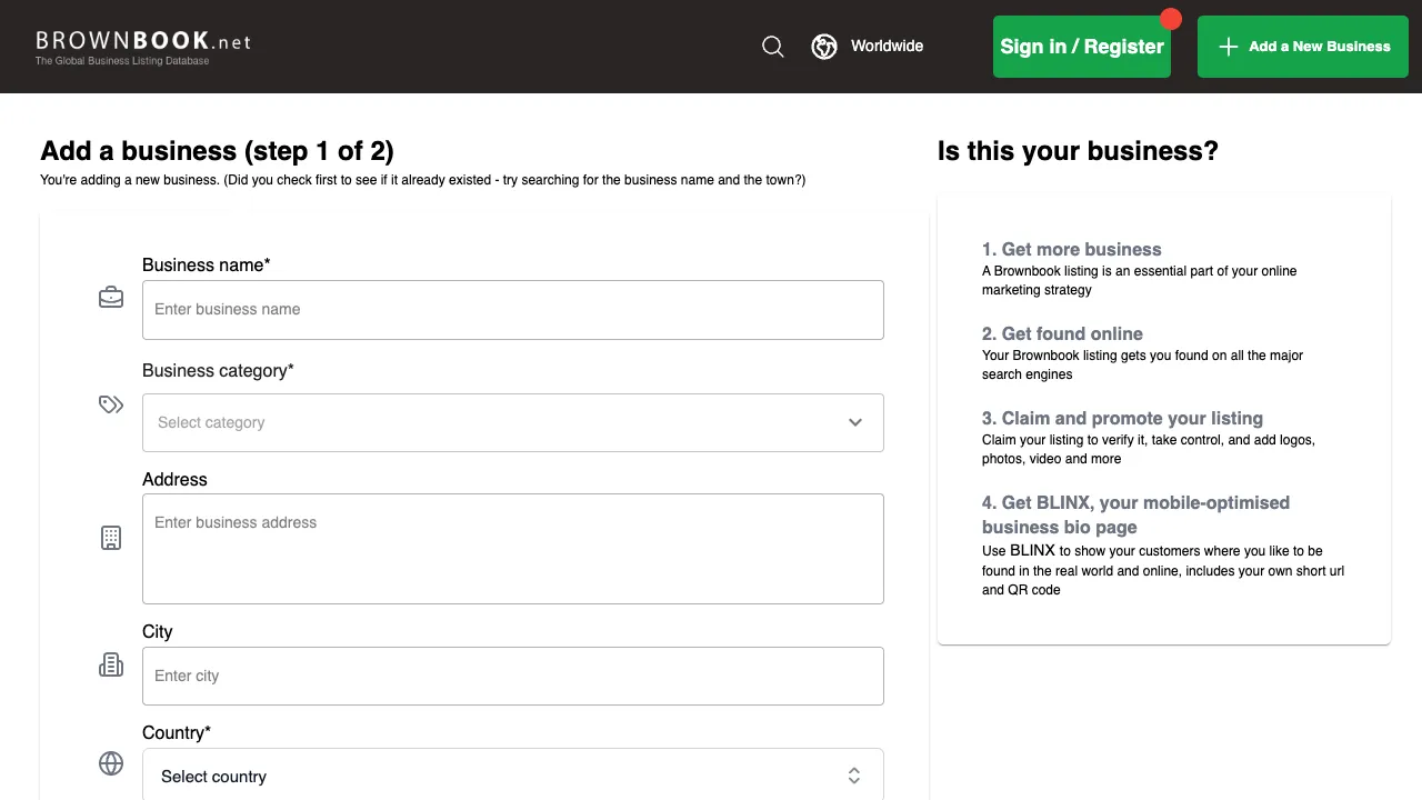 Brownbook Add a business form, step 1 of 2, with fields for business name, category, address, city, country and zip code