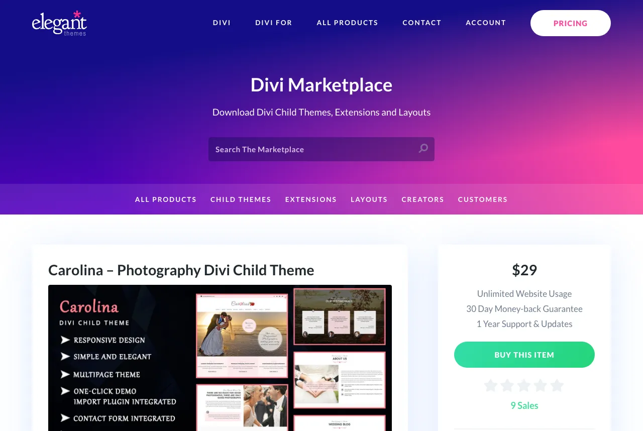 Divi Marketplace Carolina Photography Divi Child Theme page showing a $29 price, 30-day money-back guarantee, and a wedding photography theme preview.