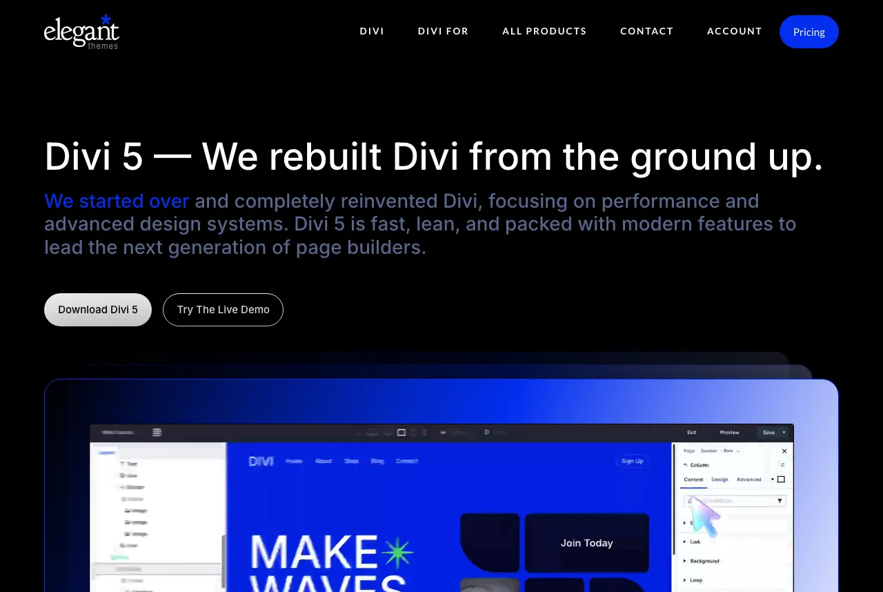 Elegant Themes Divi 5 page headed 'Divi 5 — We rebuilt Divi from the ground up', explaining Divi was reinvented for performance and advanced design systems.