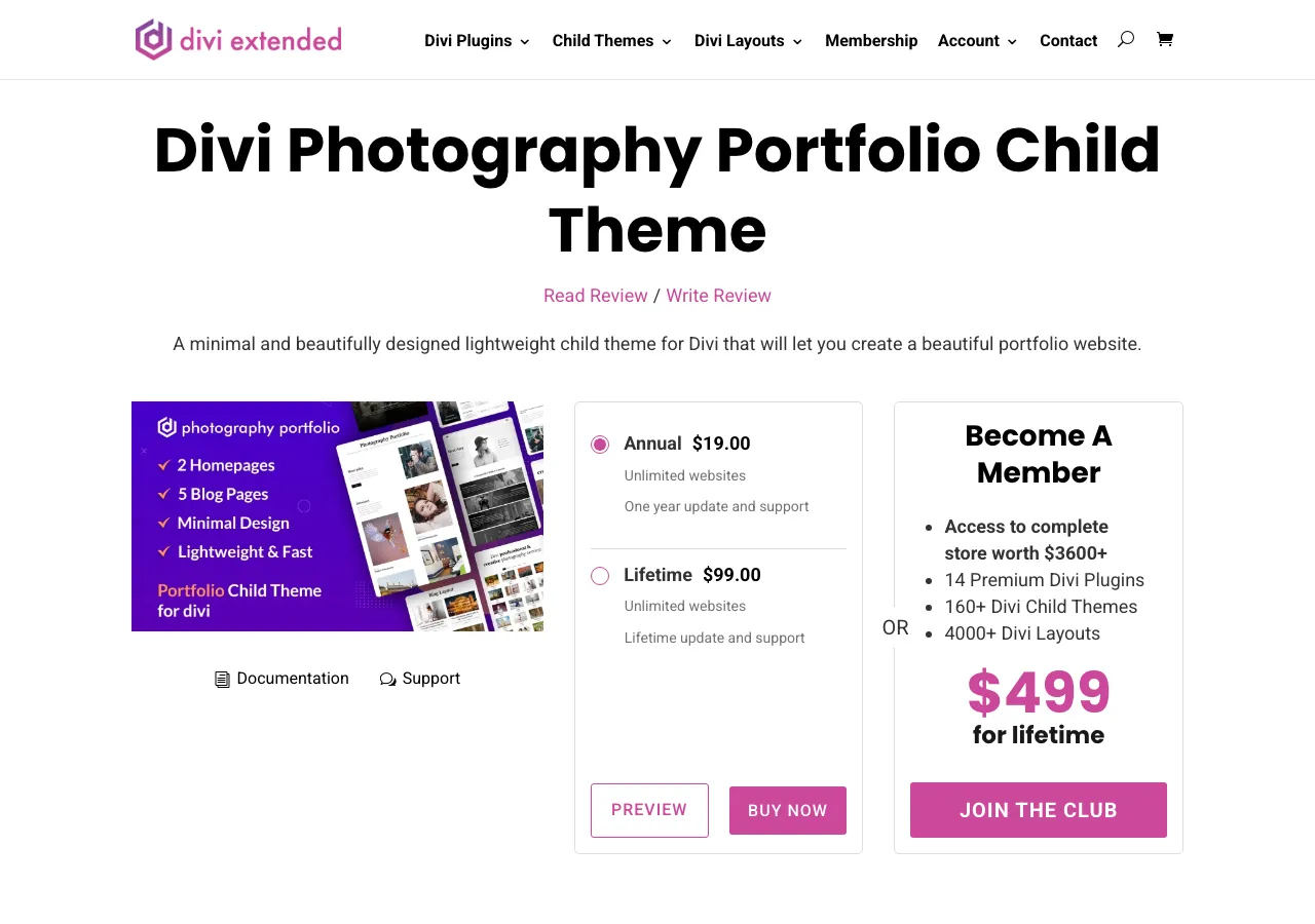 DiviExtended Divi Photography Portfolio Child Theme page showing $19 annual and $99 lifetime pricing with a theme preview.