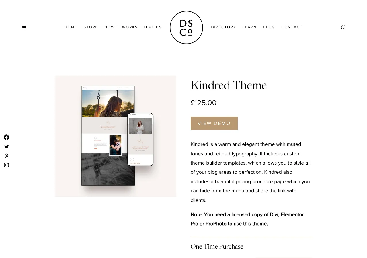 The Design Space Co Kindred Theme page showing a £125 price, a View Demo button, and an elegant muted-tone photography theme preview.