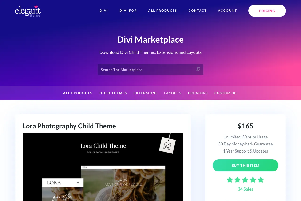 Divi Marketplace Lora Photography Child Theme page showing a $165 price, 30-day money-back guarantee, and an elegant black-and-white luxury photography theme preview.