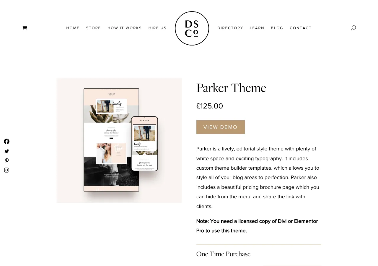 The Design Space Co Parker Theme page showing £125, a View Demo button, and a bright editorial photography theme preview with plenty of white space.