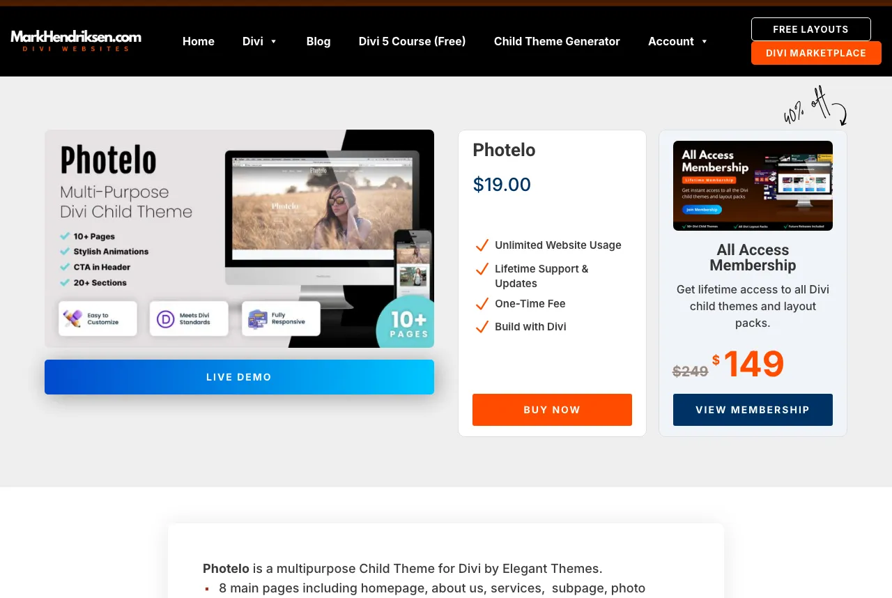 Mark Hendriksen Photelo product page showing a $19 one-time price, 'Unlimited Website Usage', and a multipurpose Divi child theme preview.