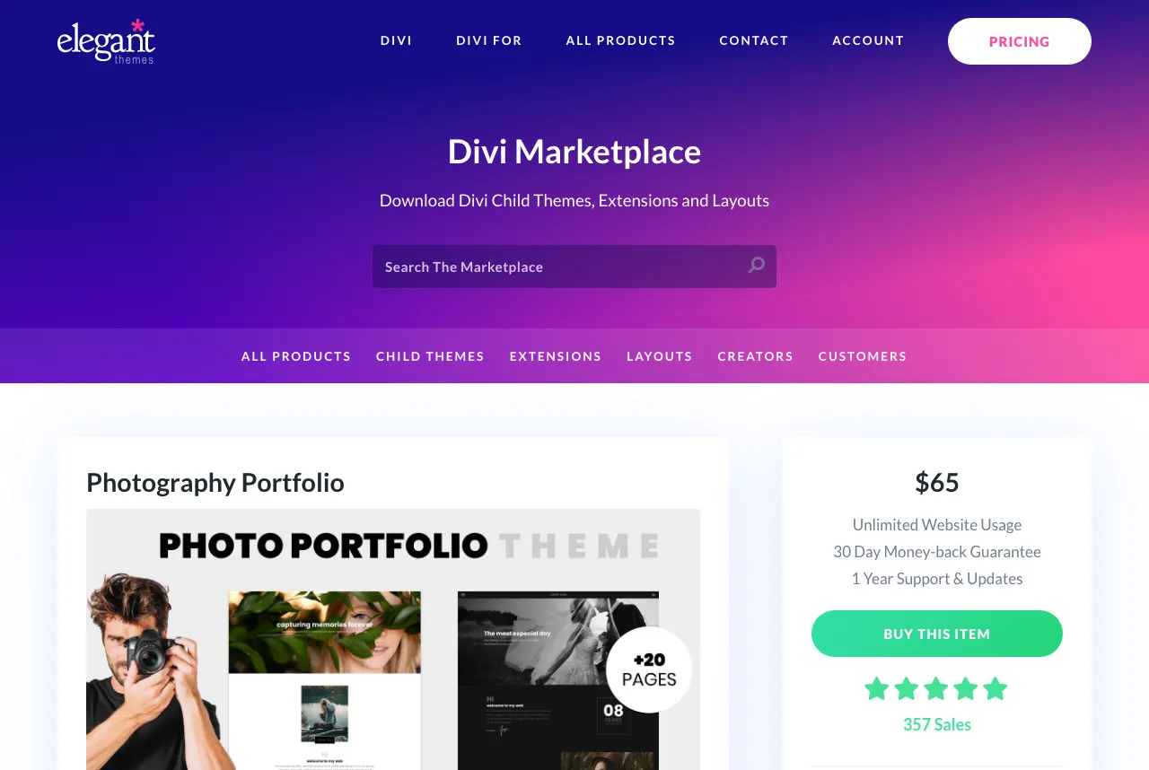 Divi Marketplace Photography Portfolio child theme page showing a $65 price, '+20 PAGES' badge, and a photography theme preview.