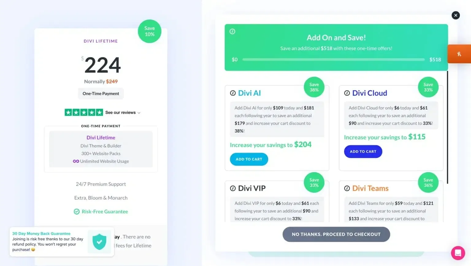 Divi Lifetime checkout showing $224 with a Save 10% badge, normally $249, one-time payment, with add-on offers for Divi AI, Cloud, VIP and Teams.