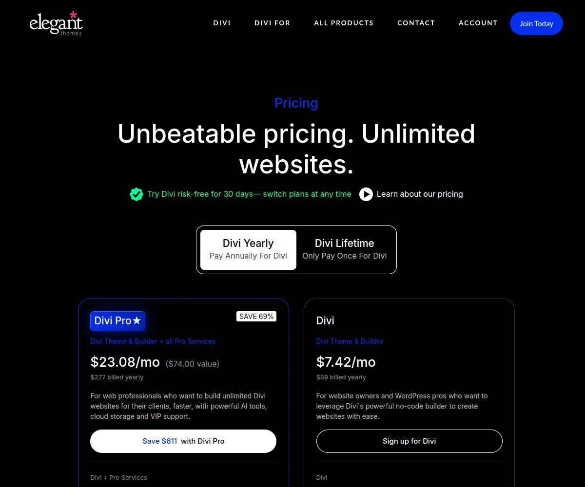 Divi pricing screen with the Divi Yearly and Divi Lifetime toggle, Divi Pro at $23.08 a month billed $277 yearly and Divi at $7.42 a month billed $89 yearly, with a 30-day risk-free note.