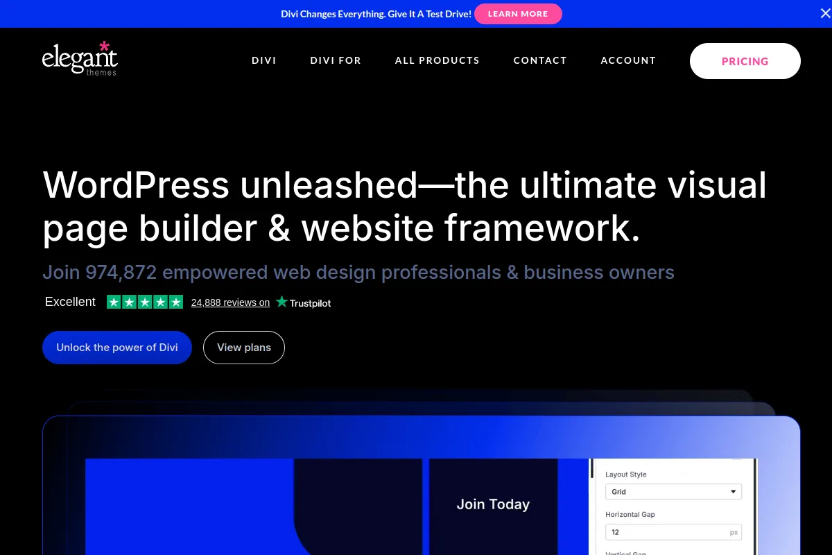 Elegant Themes Divi landing page you reach through the official link, headline WordPress unleashed, with 974,872 users and 24,888 Trustpilot reviews and Unlock the power of Divi and View plans buttons.