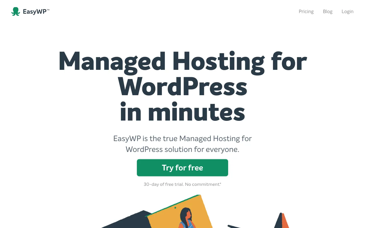 EasyWP homepage, Namecheap's managed hosting for WordPress, with a Try for free button and a 30-day free trial, no commitment note