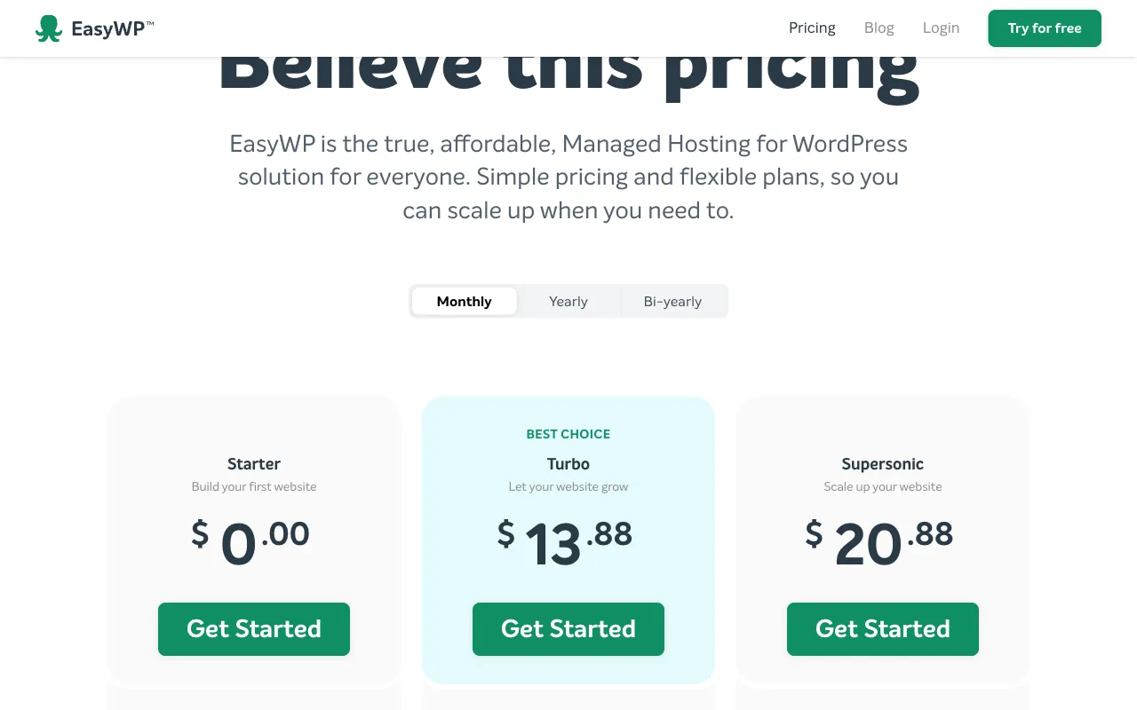 EasyWP pricing page with Monthly, Yearly and Bi-yearly toggles, showing Starter free to start, Turbo $13.88 marked Best Choice, and Supersonic $20.88 per month