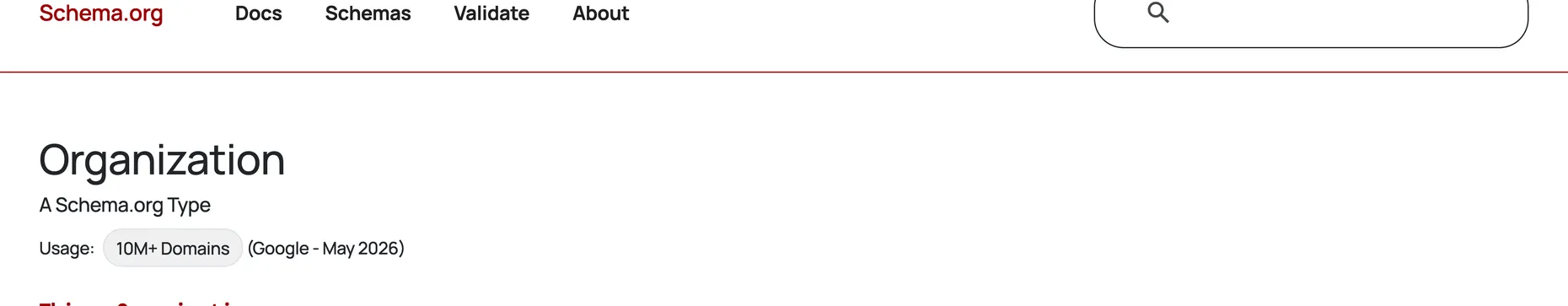 The schema.org Organization type documentation page, showing it is used on over 10 million domains