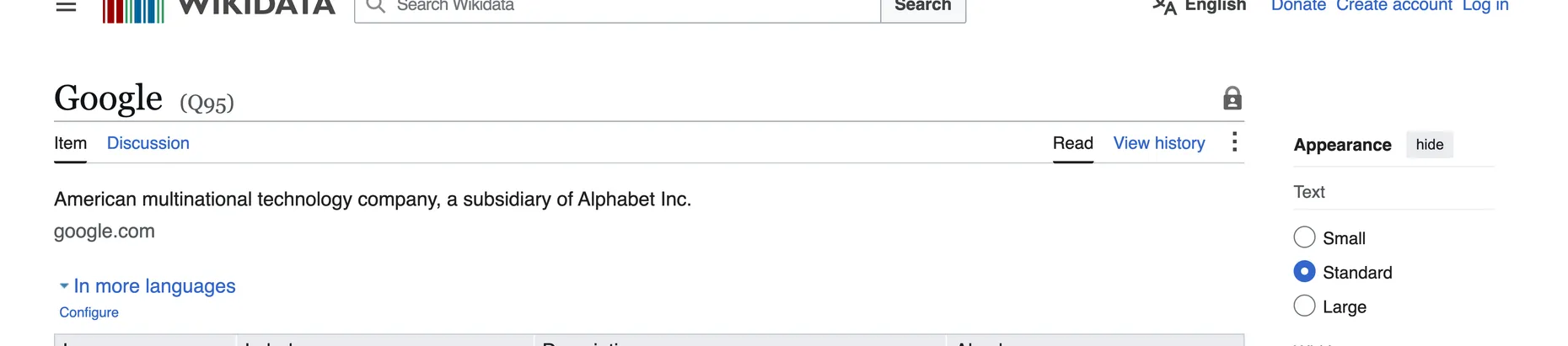 The Wikidata item for Google (Q95), showing a structured description American multinational technology company, a subsidiary of Alphabet Inc, with labels in multiple languages