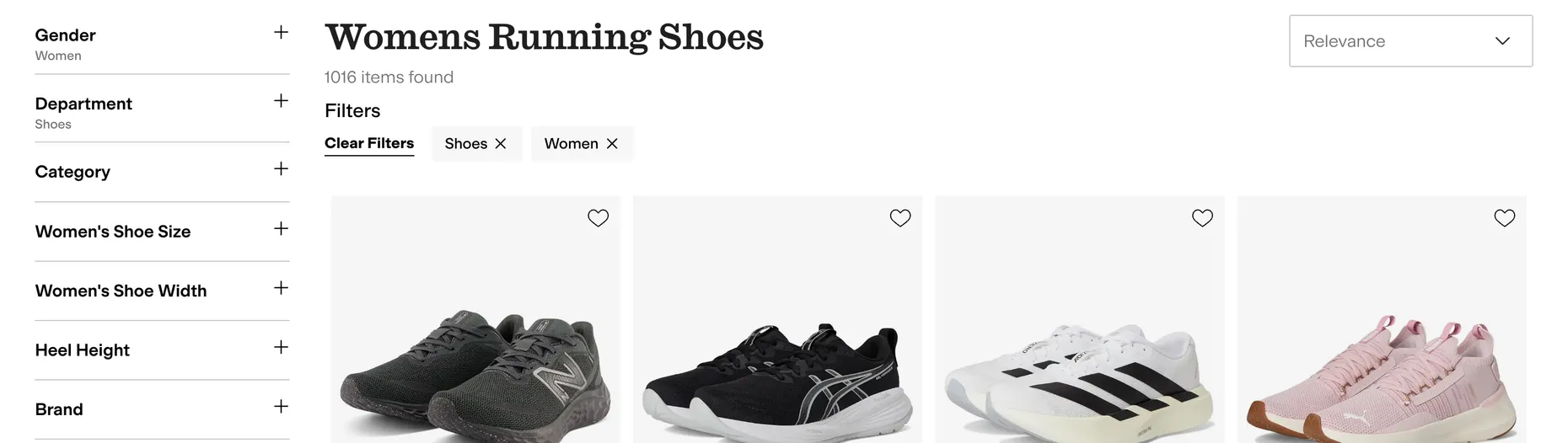 A live ecommerce category page with a faceted navigation filter panel down the left side showing brand, size, colour and price filters