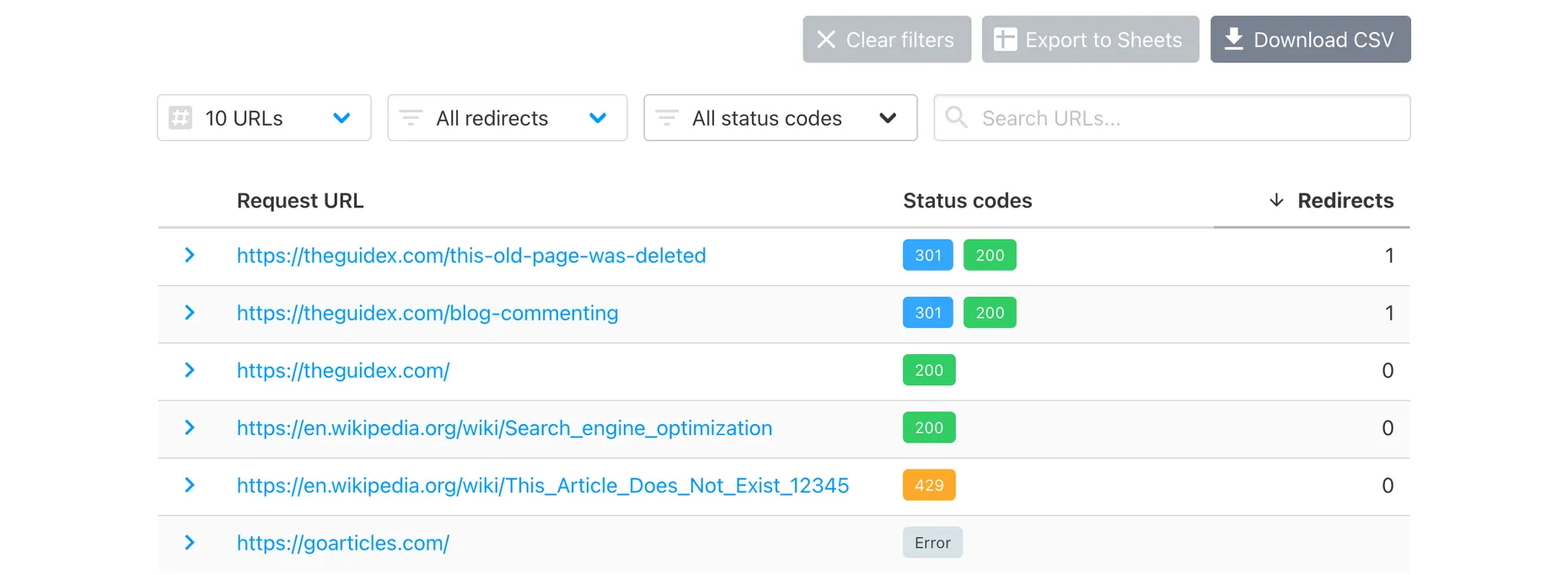 An online HTTP status checker showing a list of URLs with colour-coded results: green 200 for live pages, blue 301 for redirects, an orange 429, and a grey Error for a dead domain that no longer resolves.