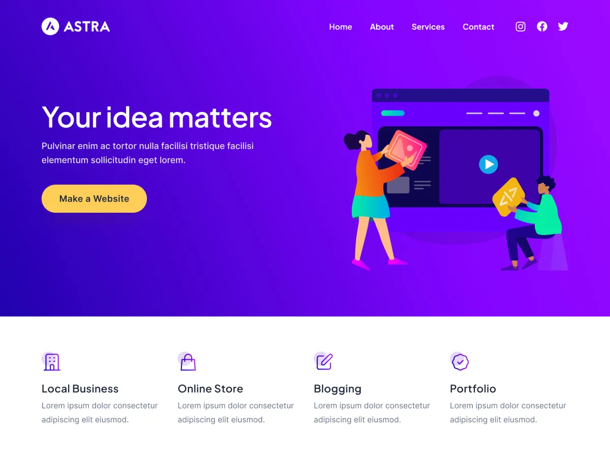 Astra theme starter homepage with a purple hero reading Your idea matters and Local Business, Online Store, Blogging and Portfolio blocks.