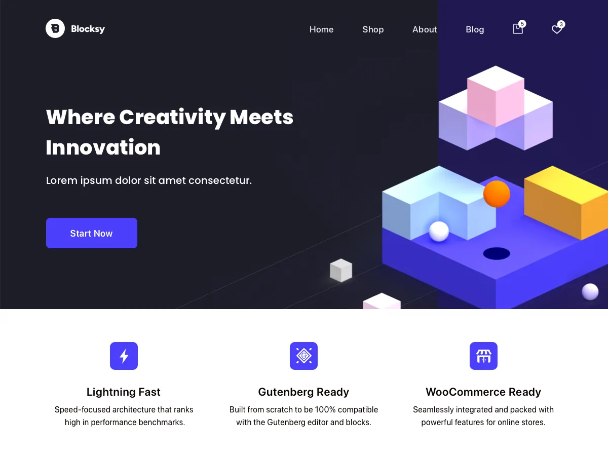 Blocksy theme homepage with a dark hero, isometric 3D shapes and Lightning Fast, Gutenberg Ready and WooCommerce Ready feature blocks.