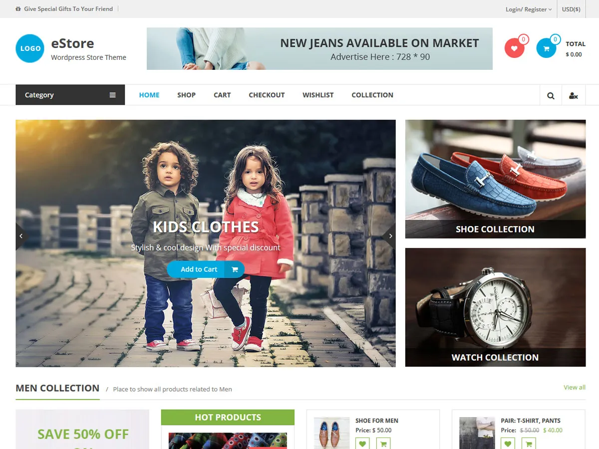 eStore theme homepage, a full WooCommerce shop demo with a Kids Clothes banner, a Shoe Collection block and a Watch Collection block.