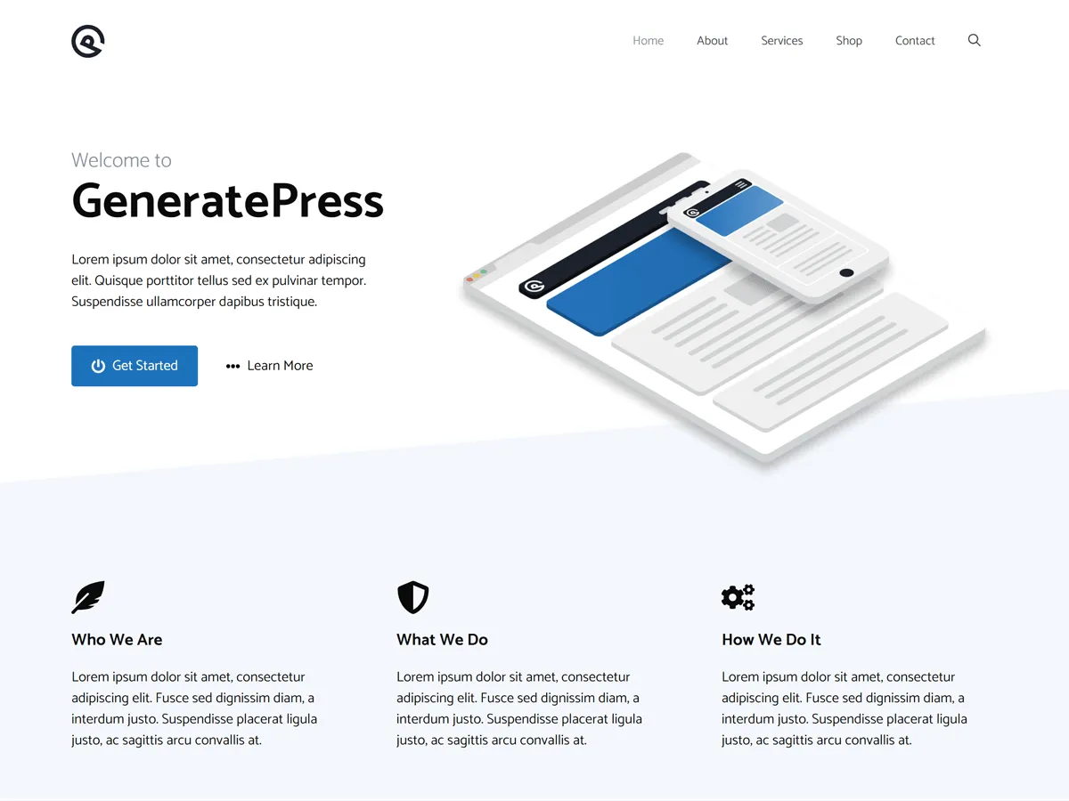 GeneratePress theme homepage, a minimal clean layout with a Welcome to GeneratePress hero and simple navigation.