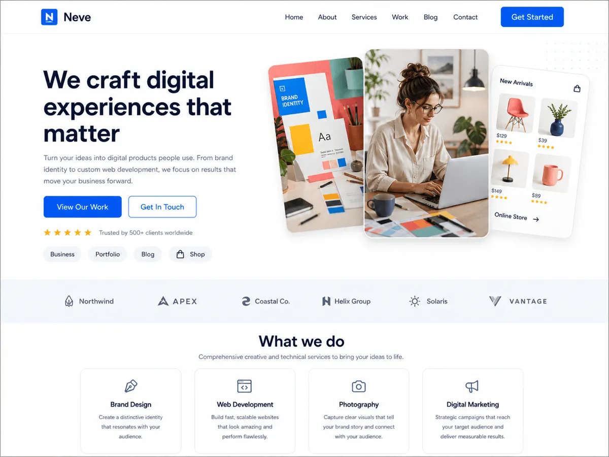 Neve theme homepage with a creative-agency hero reading We craft digital experiences and a What we do services row.