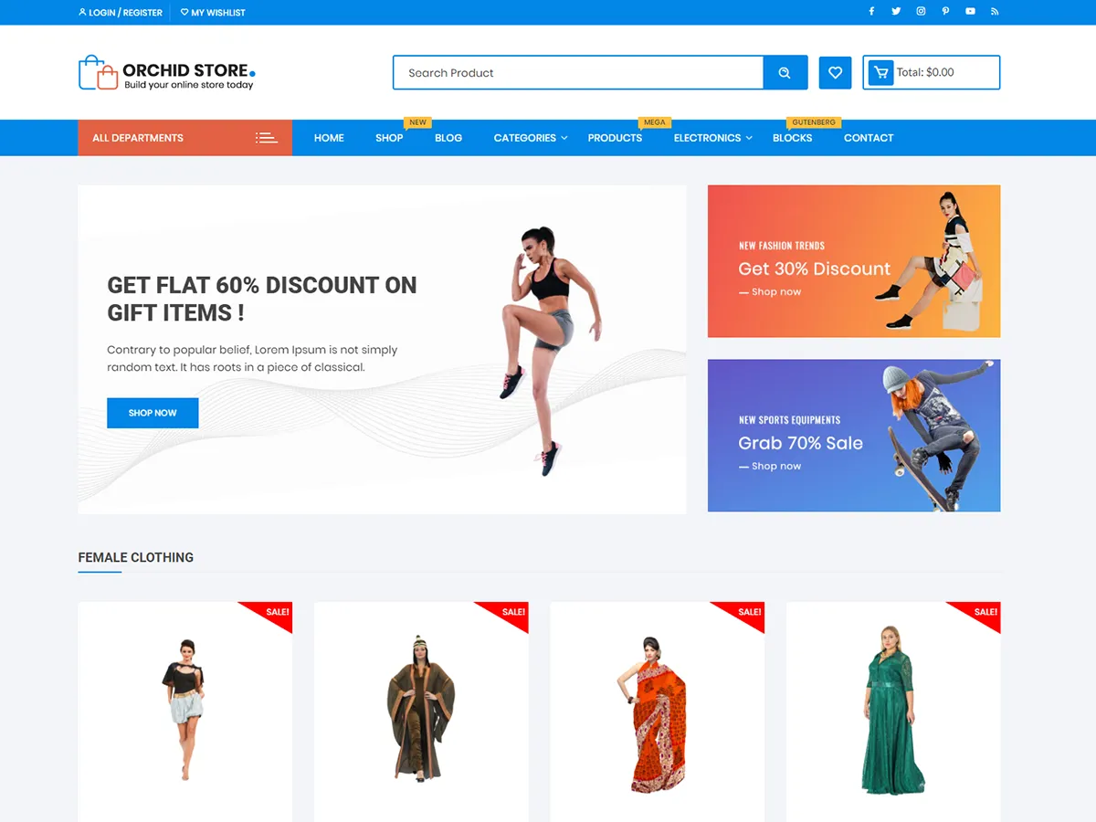 Orchid Store theme homepage, a clothing WooCommerce shop with discount banners and a Female Clothing product grid of sale items.