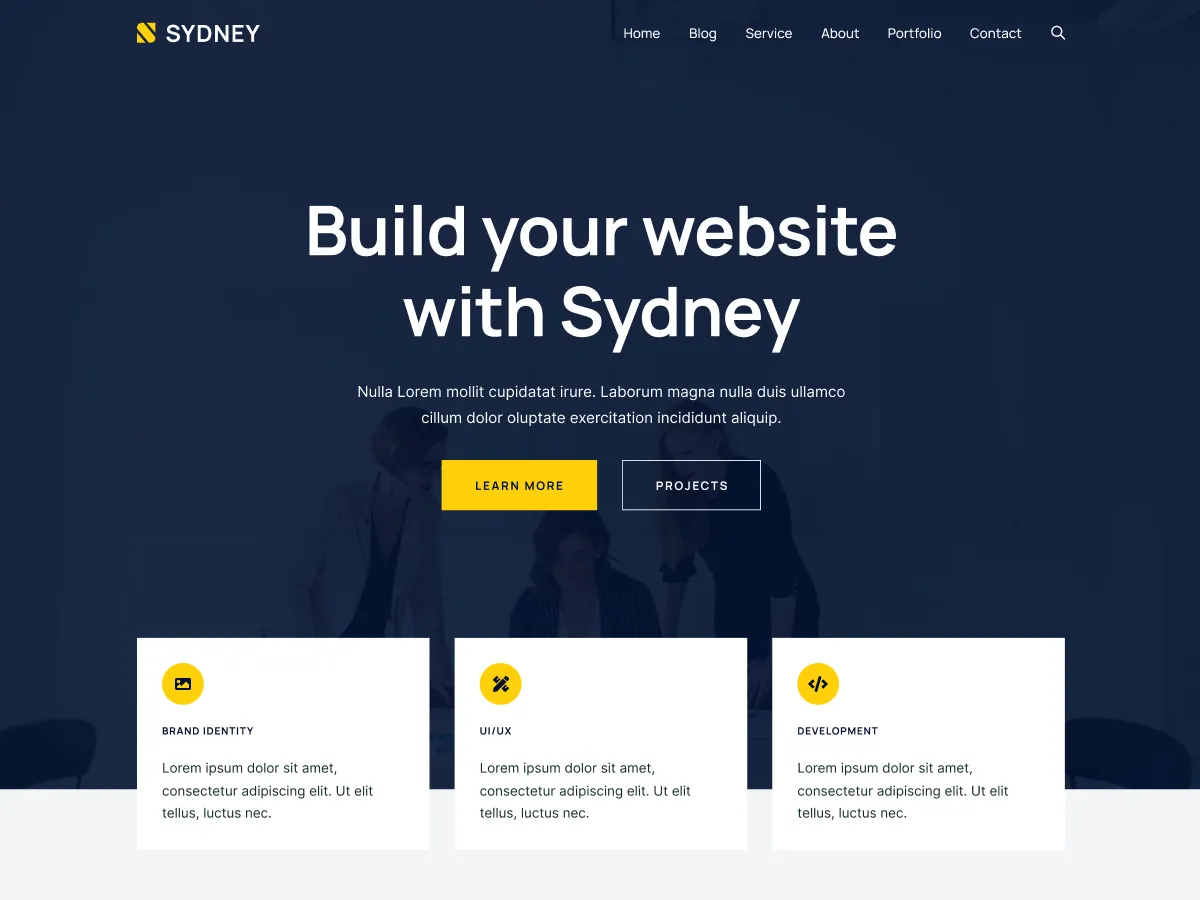 Sydney theme homepage with a dark hero reading Build your website with Sydney and three service blocks for brand identity, UI UX and development.