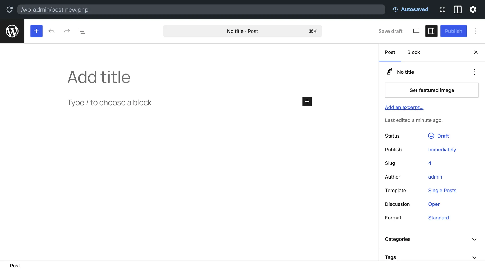 The WordPress block editor with the Set featured image panel in the post settings sidebar