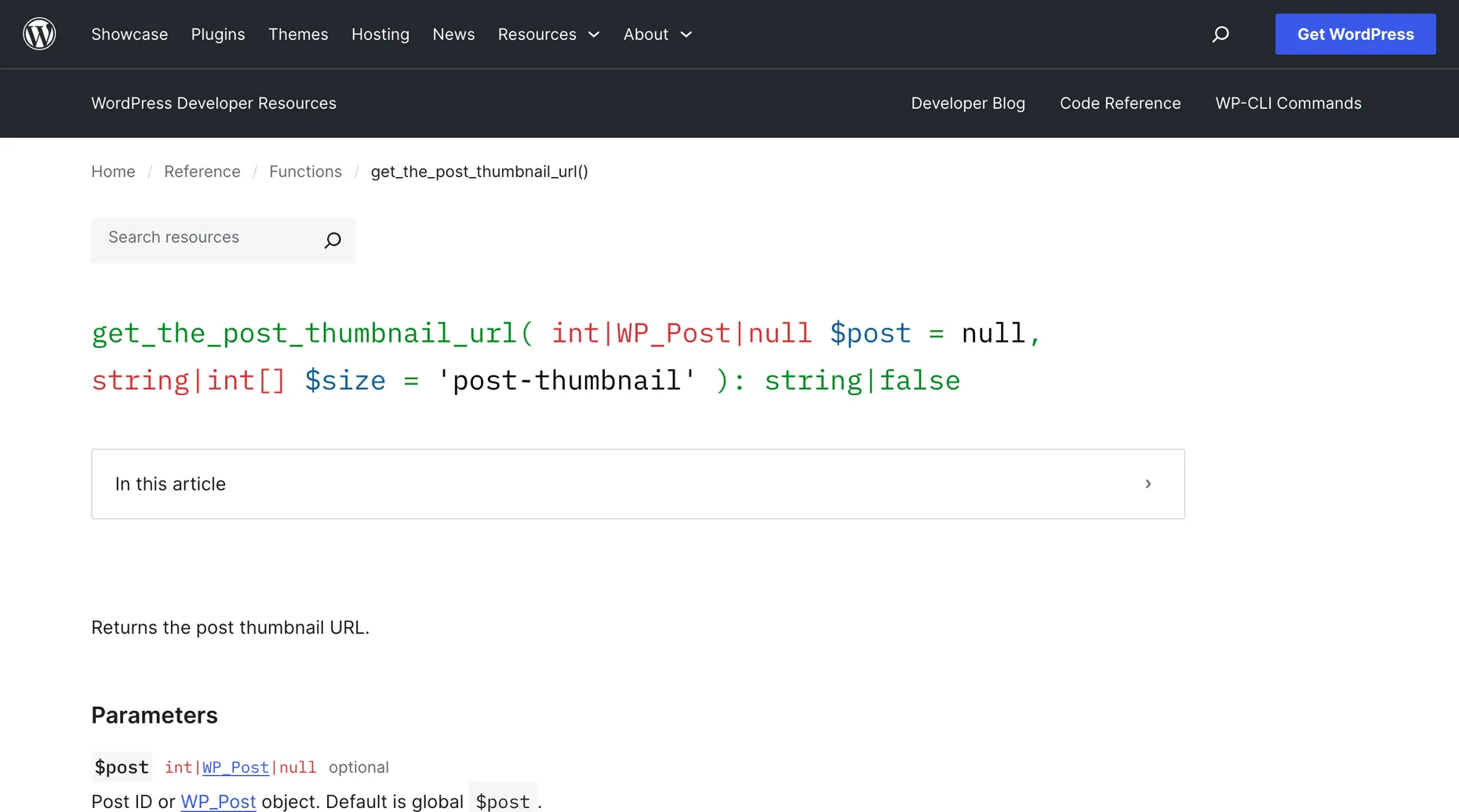 The official WordPress developer reference page for get_the_post_thumbnail_url showing its signature and string-or-false return type