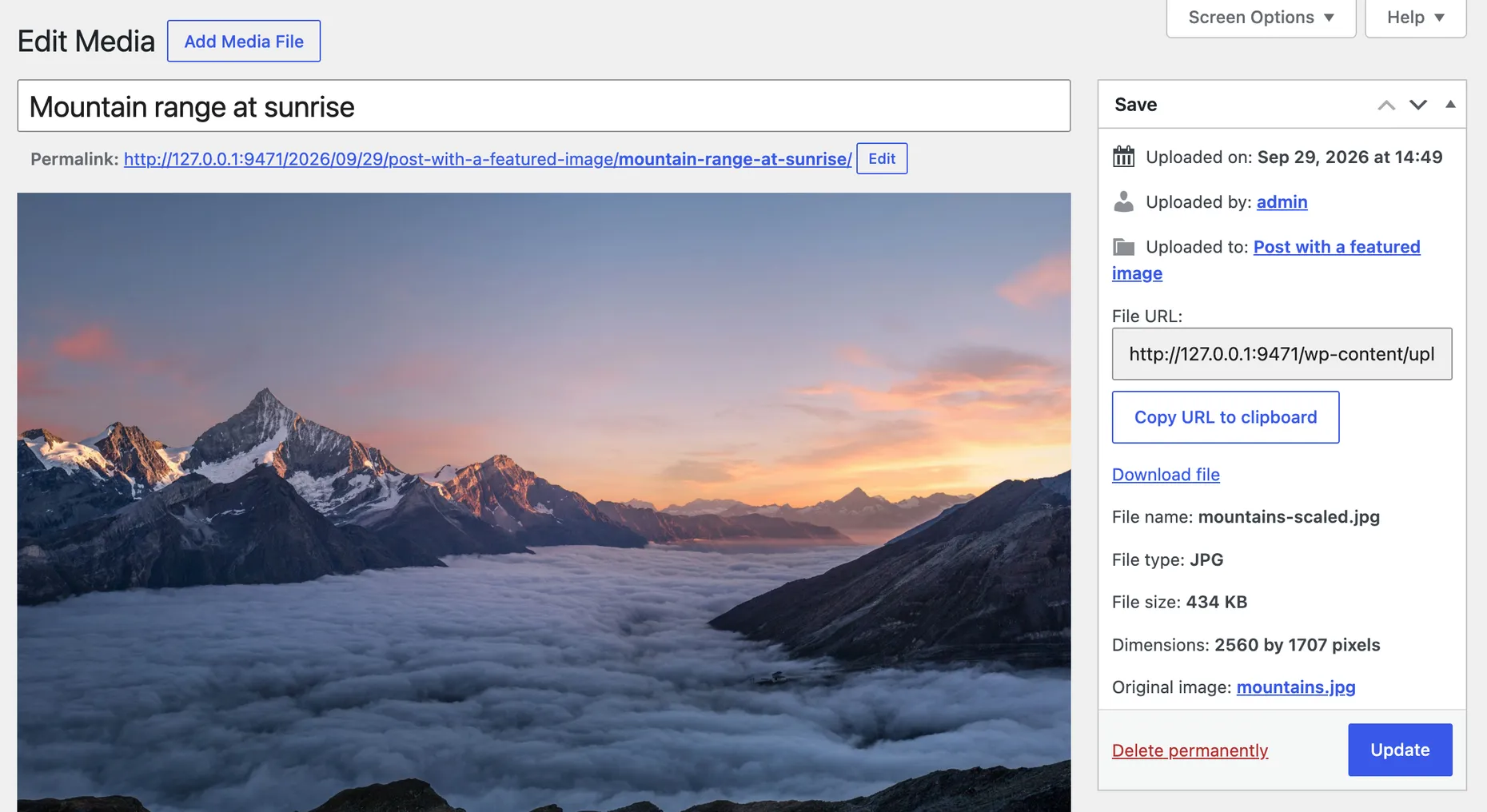 WordPress 7.1 Edit Media screen for the test image showing File name mountains-scaled.jpg, File size 434 KB, Dimensions 2560 by 1707 pixels, and Original image mountains.jpg