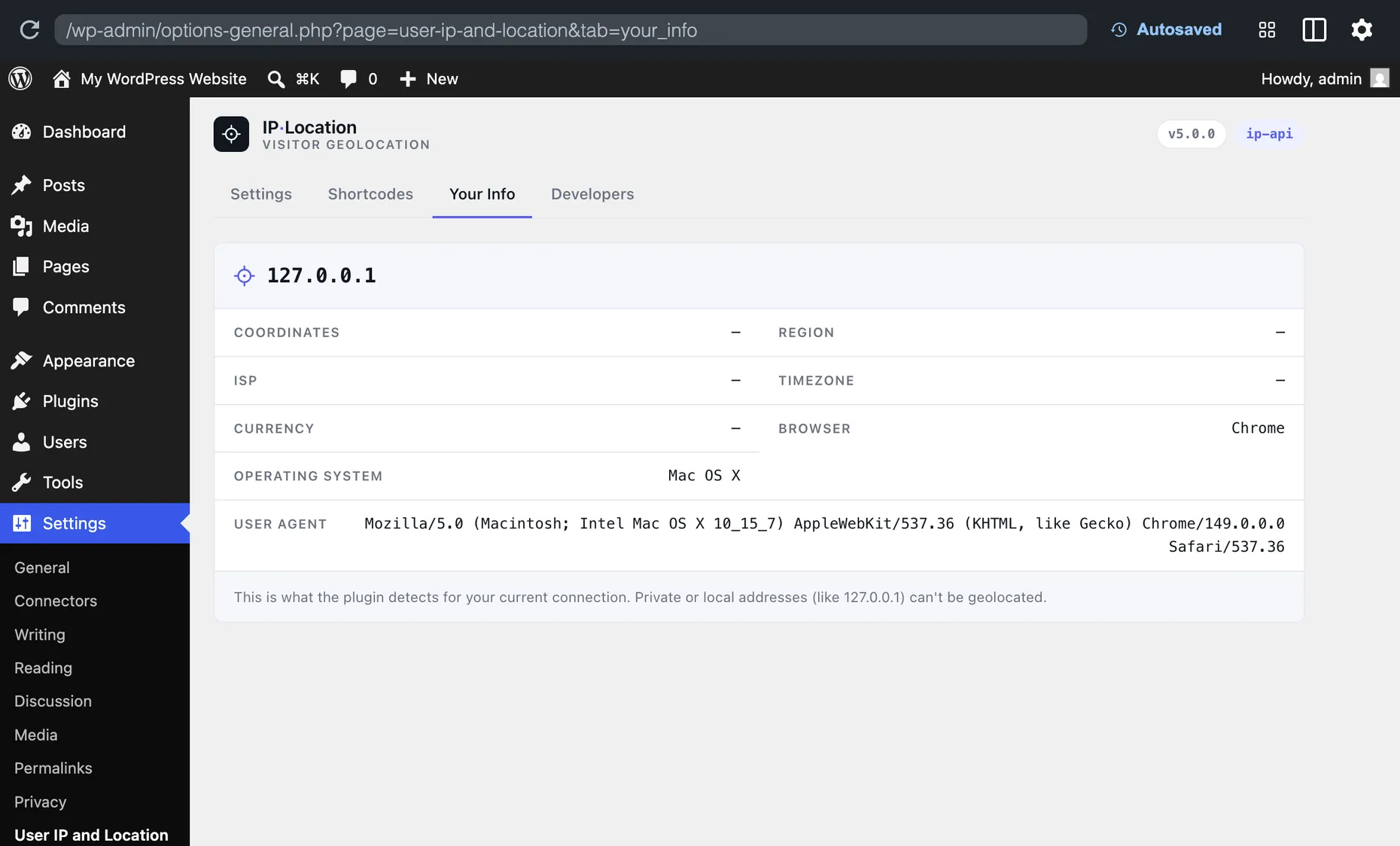 The User IP and Location plugin's Your Info tab in WordPress, showing the detected IP address, browser, operating system and user agent