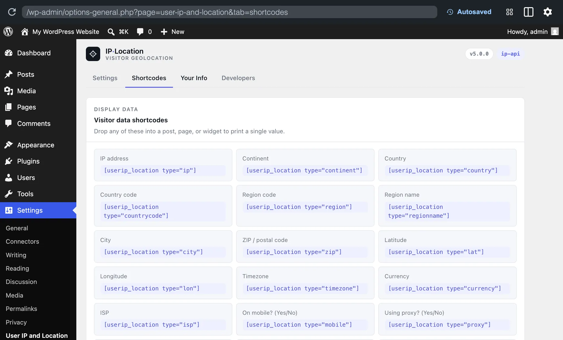 The Shortcodes reference tab in the User IP and Location plugin, listing shortcodes for IP, country, region, city, ZIP, coordinates, timezone, currency and ISP