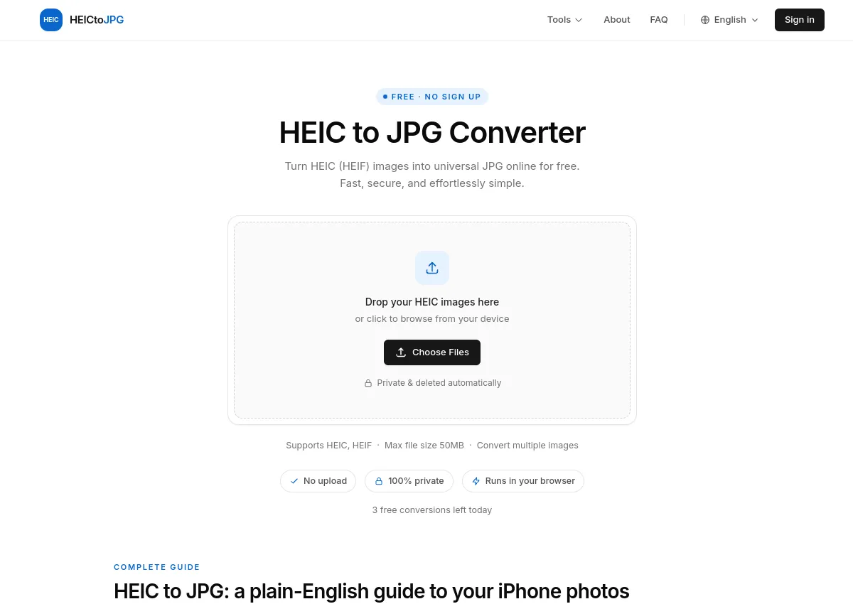 convertheictojpg.net browser-based HEIC to JPG converter with drag-and-drop and no upload required