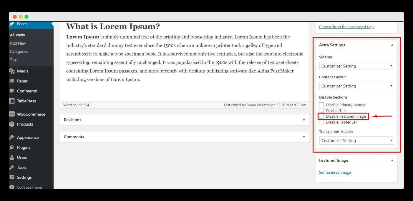 The Astra Settings panel in the WordPress post editor with the Disable Featured Image checkbox